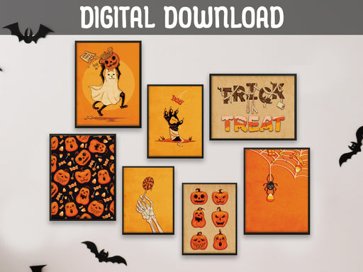 DIGITAL DOWNLOAD: halloween art print bundle posters in frames hung up on white wall surrounded by black bat decor. Prints depict halloween spooky themes such as pumpkin patterns, cats, spiders, skeleton hands, candy, and festive typography in black and orange colors