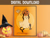 DIGITAL DOWNLOAD: Halloween cat art poster in frame depicting black ghost cat stealing pumpkin with candy with an  "Only take one" sign in front of an orange wall surrounded by different pumpkins and jack o lanterns