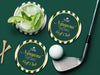 Custom square pulpboard coasters are shown sitting on a green surface. Golf tees, a golf ball, and a golf club sit beside them with drink on one coaster. The custom coasters feature design printed with script and serif customizable text and striped background.