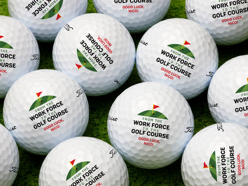 Multiple Titleist golf balls shown on grass with From the Work Force to the Golf Course design on them.