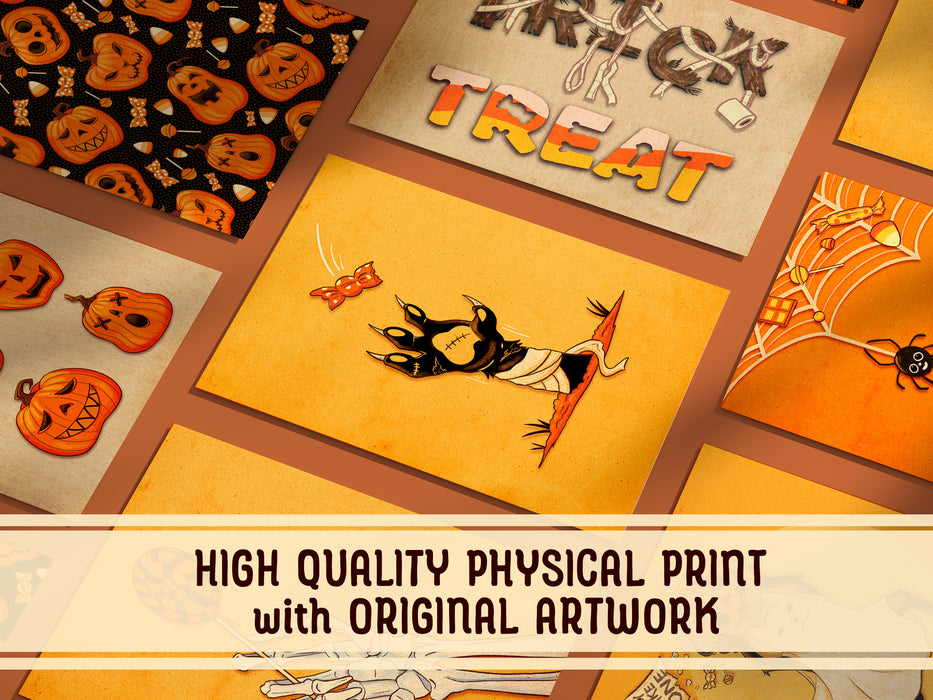 High Quality Physical Print with Original Artwork   Multiple prints laid out evenly against a dark orange background with halloween art on them in the middle is a zombie mummy cat reaching out from the ground at a piece of candy