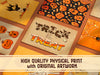 High Quality Physical Print with Original Artwork   Multiple prints laid out evenly against a dark orange background with halloween art on them in the middle is a trick or treat typography design with candy and wood font