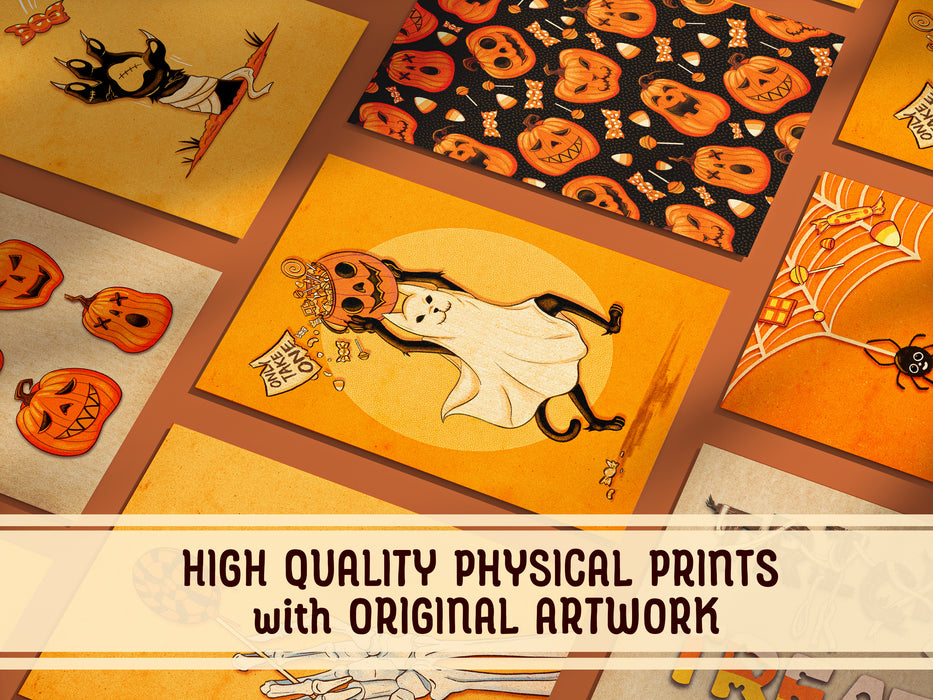 High Quality Physical Prints with Original Artwork  Multiple prints laid out evenly against a dark orange background with halloween art on them in the middle is a ghost cat stealing a pumpkin bucket with candy with an only take one sign