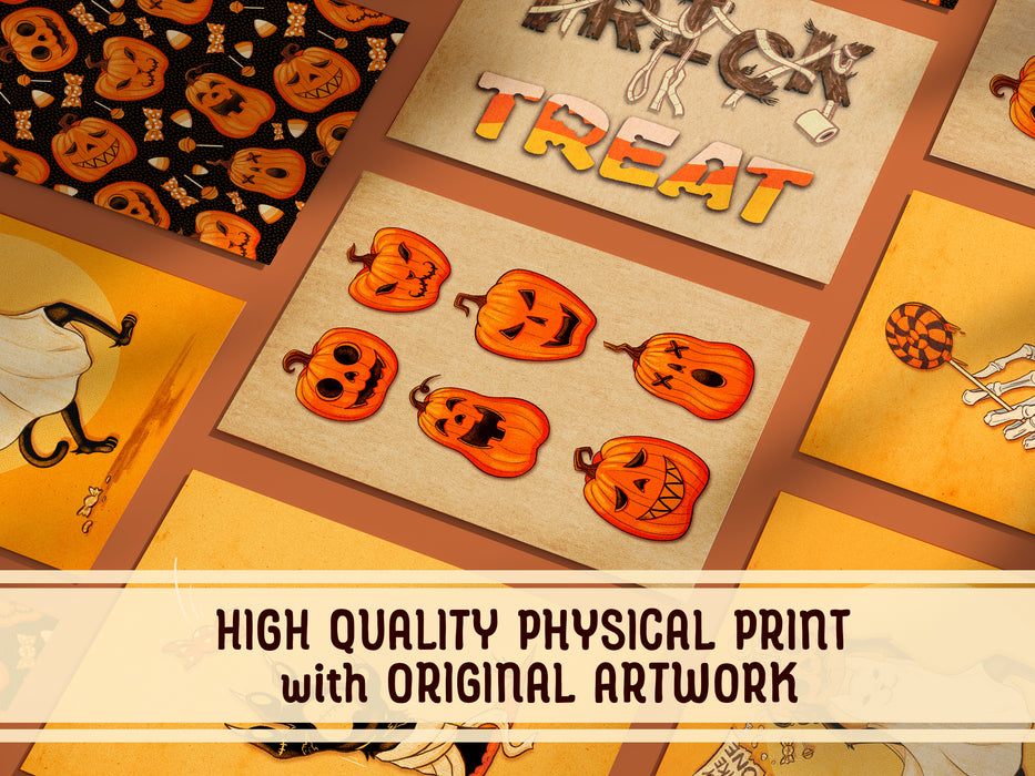 High Quality Physical Print with Original Artwork   Multiple prints laid out evenly against a dark orange background with halloween art on them in the middle is a grid of jack o lantern pumpkins with different faces with retro vintage patterns
