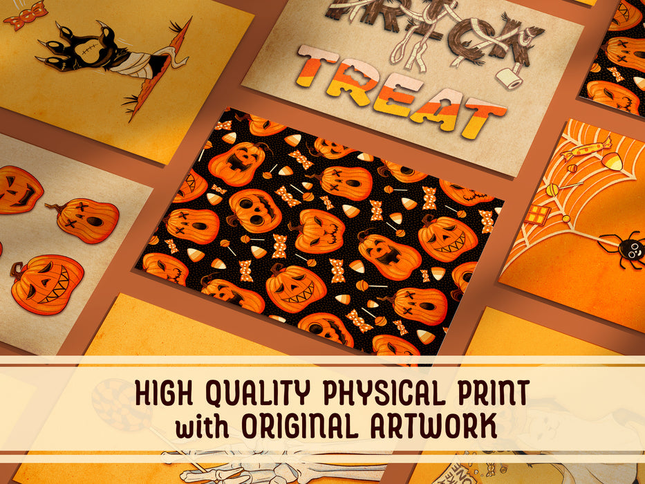 High Quality Physical Print with Original Artwork   Multiple prints laid out evenly against a dark orange background with halloween art on them in the middle is a retro vintage pumpkin pattern with jack o lanterns and candy
