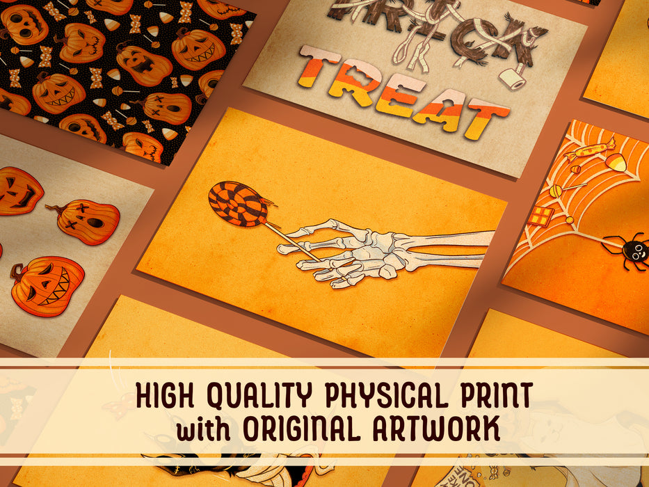 High Quality Physical Print with Original Artwork   Multiple prints laid out evenly against a dark orange background with halloween art on them in the middle is a skeleton hand holding a lollipop with a yellow background with vintage retro patterns