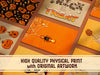 High Physical Print  with Original Artwork  Multiple prints laid out on a dark orange background with halloween art and a spider holding a candy corn with a web full of candy against an orange background