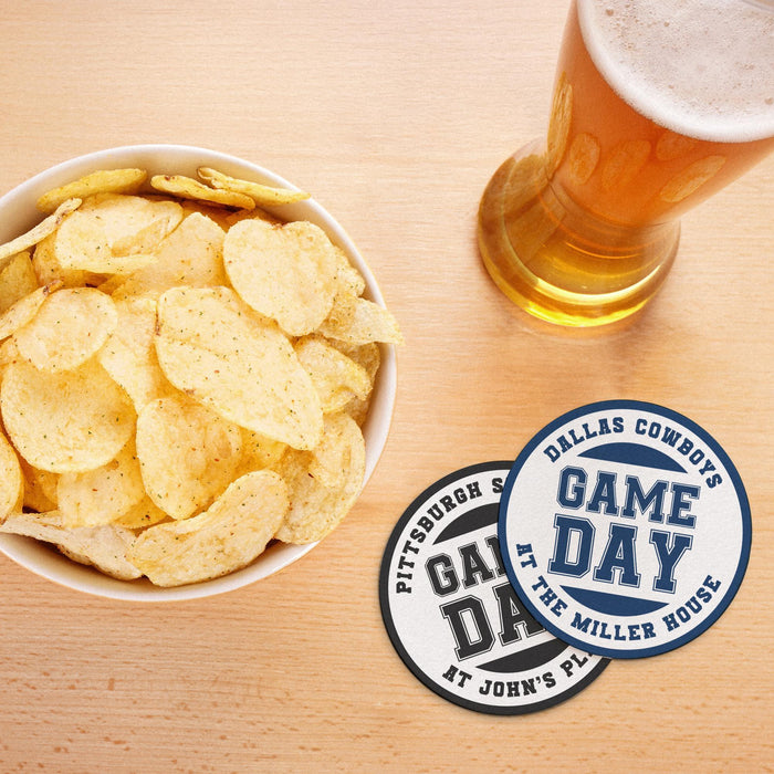 Blue and green Game Day coasters displayed beside a bowl of chips and a glass of beer for a football watch party.