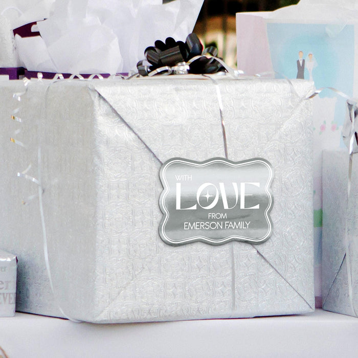 Silver gift box decorated with a personalized “With Love” foil wedding gift tag in metallic silver. Styled as elegant packaging for weddings, bridal showers, and engagement gifts.