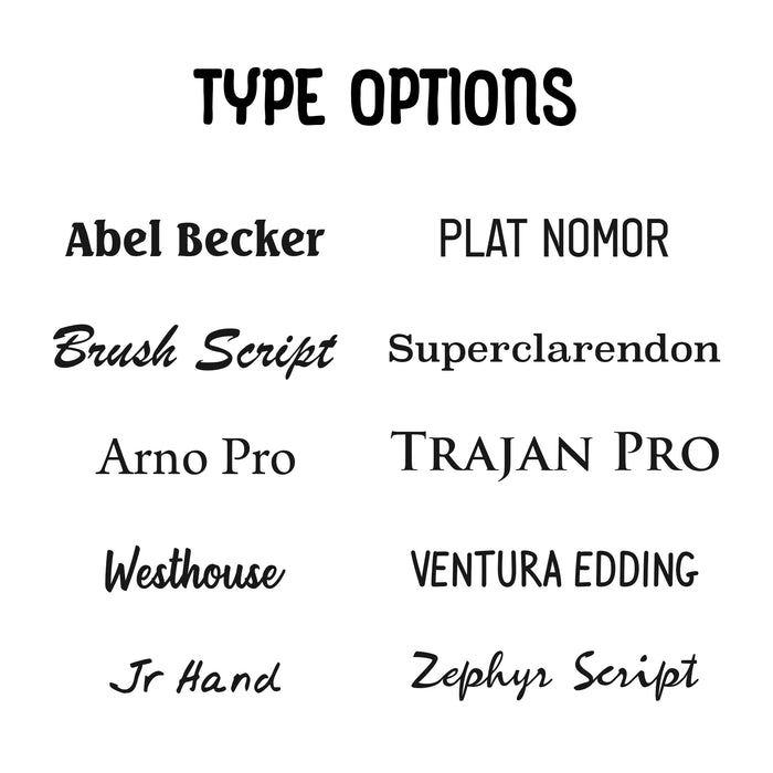 a collection of various font styles including "Abel Becker", "Plat NOMOR", "Brush Script", "Superclarendon", "Arno Pro", "TRAJAN PRO", "Westhouse", "VENTURA EDDING", "Jr Hand", and "Zephyr Script".