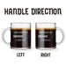 Two identical glass mugs with the text engraved on them. Each showcasing handle direction, LEFT or RIGHT.