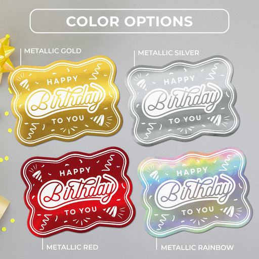 Confetti birthday tag color options in metallic gold, metallic silver, metallic red, and metallic rainbow.