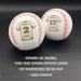 Two personalized baseballs accompanied by a text overlay that reads • standard size baseball • made from superior synthetic leather • Not recommended for use/play • laser engraved