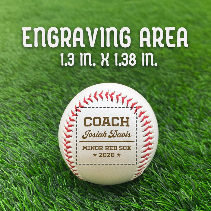 A baseball with a personalized message engraved on it, placed on a grassy surface. Accompanied by a text overlay that reads Engraving Area is 1.3 in X 1.38 in