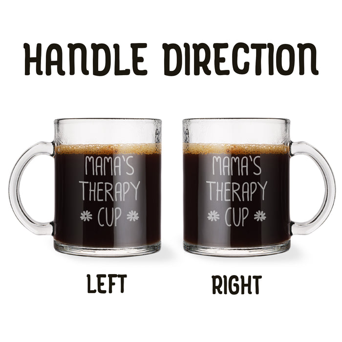 Two identical glass mugs with the text engraved on them. Each showcasing handle direction, LEFT or RIGHT.