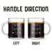 Two identical glass mugs with the text engraved on them. Each showcasing handle direction, LEFT or RIGHT.
