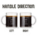 Two identical glass mugs with the text engraved on them. Each showcasing handle direction, LEFT or RIGHT.