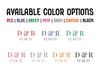 Available Type & Color Options
Red, Blue, Green, Pink, Gray, Orange, Black

Image: Elegant Initials & Date design shown in all available color options.