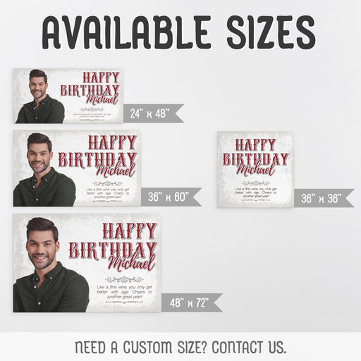 Available size options for the personalized vintage birthday banner, including four banner sizes and custom sizing information.