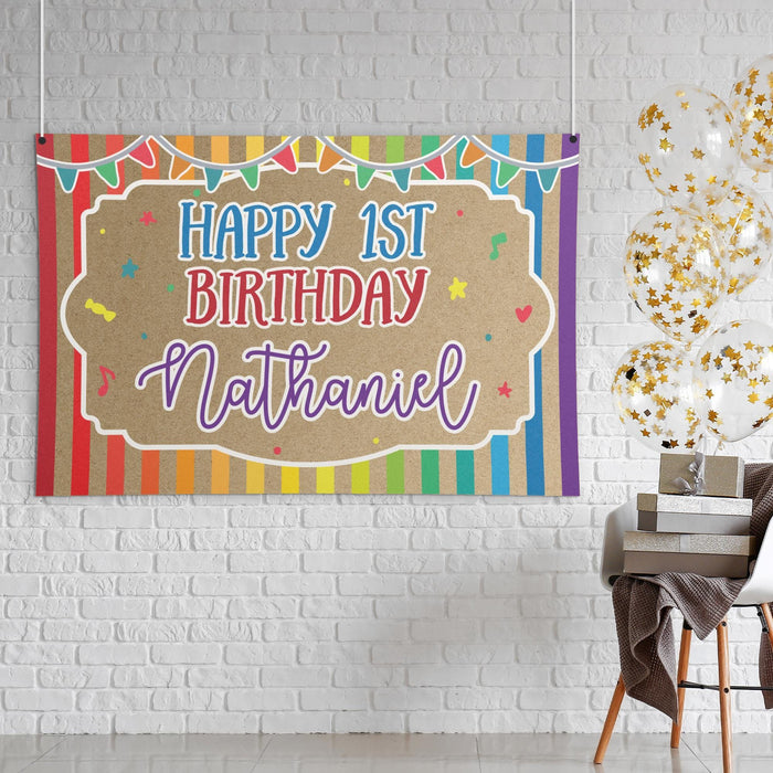 Personalized rainbow birthday banner shown in a styled room setting, highlighting the printed butcher paper look and colorful design.