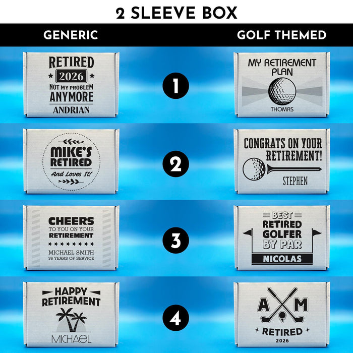Design selection guide showing all available 2 Sleeve retirement gift box designs. Includes both generic and golf-themed retirement options with personalized names and messages.