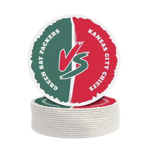 A stack of circular coasters with the text "Green Bay Packers vs Kansas City Chiefs" printed on them.