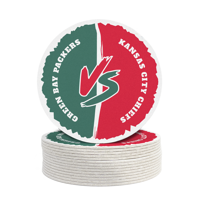 A stack of circular coasters with the text "Green Bay Packers vs Kansas City Chiefs" printed on them.