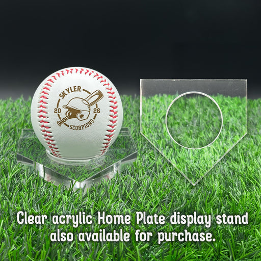 A personalized baseball with red stitching is placed on a clear acrylic stand, accompanied by a text overlay that reads Clear acrylic Home Plate display stand also available for purchase.
