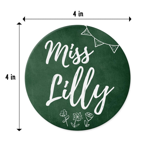 Close-up of chalkboard style coaster with dimensions shown. Highlights 4-inch round size and design layout.
