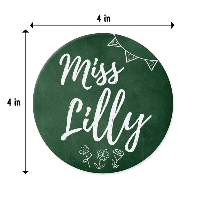 Close-up of chalkboard style coaster with dimensions shown. Highlights 4-inch round size and design layout.
