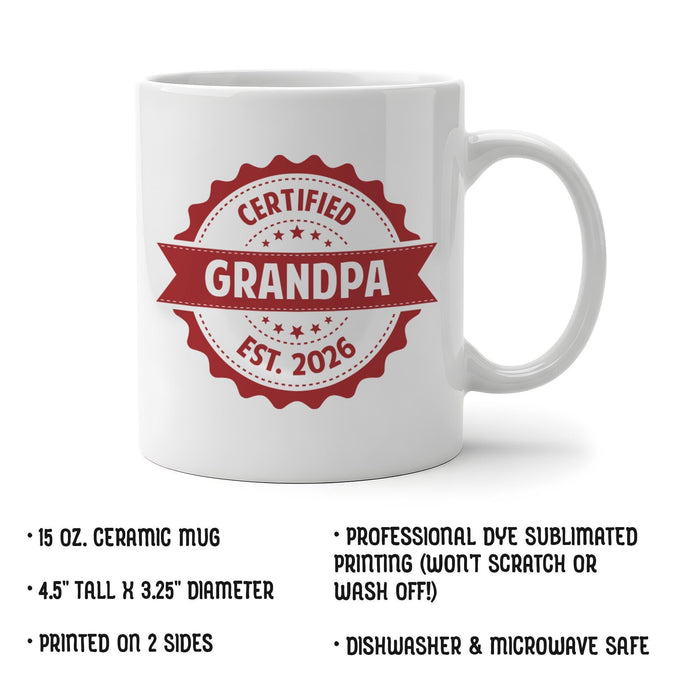 15 oz ceramic Grandpa mug featuring a personalized Certified Grandpa established year design.