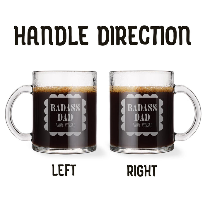 Two identical glass mugs with the text engraved on them. Each showcasing handle direction, LEFT or RIGHT.