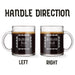 Two identical glass mugs with the text engraved on them. Each showcasing handle direction, LEFT or RIGHT.