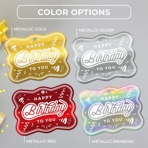 Confetti birthday tag color options in metallic gold, metallic silver, metallic red, and metallic rainbow.