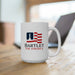 White mug ontop of wooden desk in front of laptop that has red white and blue patriotic American flag design with a king chess piece with Typography that says Bartlet for America
