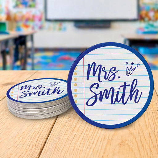 Personalized teacher coasters featuring notebook design with custom teacher name displayed on a stack. Ideal for classroom gift use.