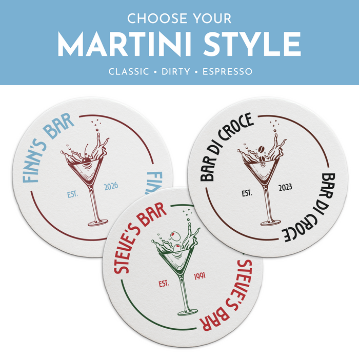 three circular coasters with different designs and text, representing different martini styles.
