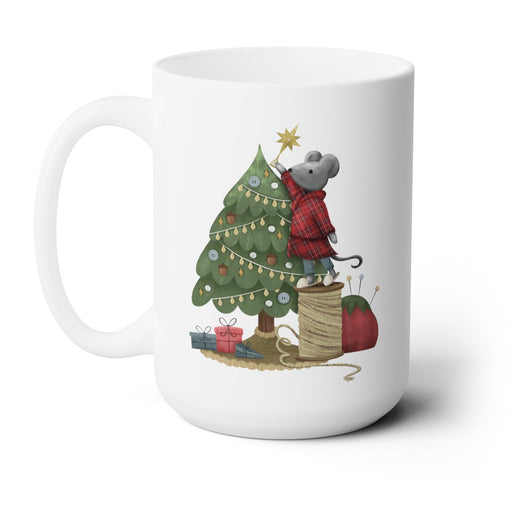 white mug with mouse decorating christmas tree artwork on white background