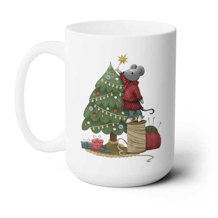 white mug with mouse decorating christmas tree artwork on white background