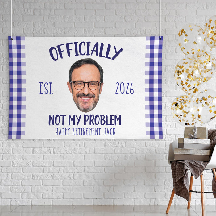 Retirement banner displayed in a modern event setting. Features a custom photo, retirement year, and personalized retirement message printed on quality white paper.