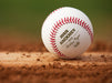 A baseball is shown on an orange, clay baseball field with green grass in the background. The baseball has a year, player's name, number, and school name engraved into it. This design features a home plate graphic below the other text.
