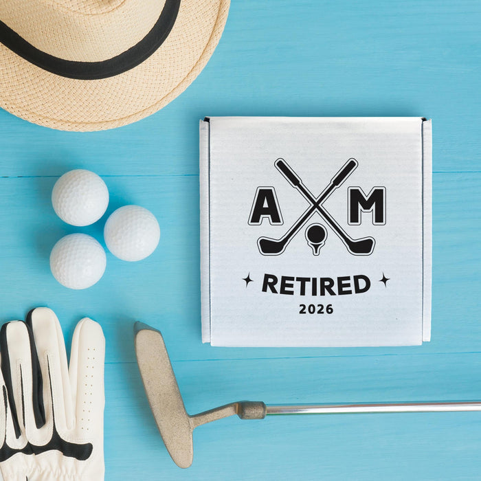 Golf-inspired retirement gift box featuring custom initials and retirement year. Perfect for celebrating a golfer’s retirement.