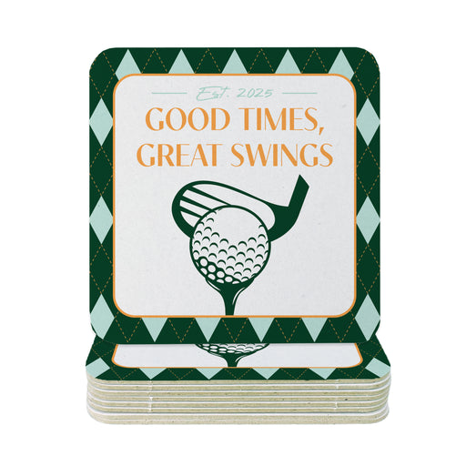 A stack of green and white coaster cards with a golf-themed design and text.