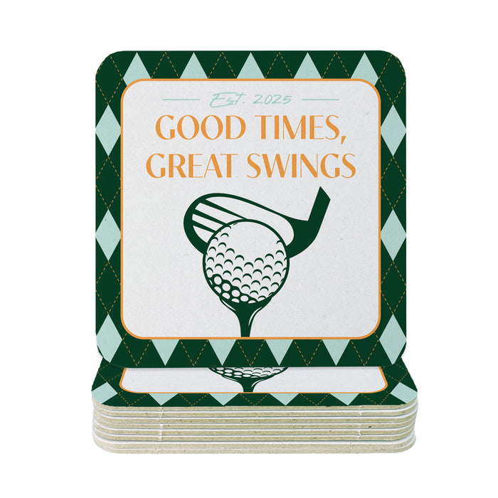 A stack of green and white coaster cards with a golf-themed design and text.