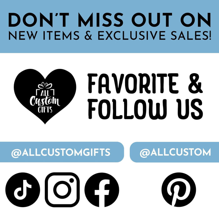 Follow us on social media graphic featuring All Custom Gifts social media channels. Stay updated on new products, sales, and exclusive offers.
