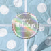 Personalized Happy Holidays round gift tag displayed on blue and white polka dot holiday wrapping paper.