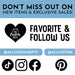 Promotional graphic encouraging customers to favorite and follow the shop, with social media icons displayed.