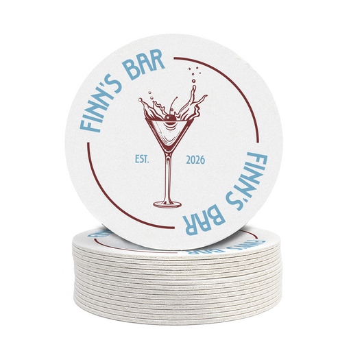 A stack of white coasters with the logo of Finn's Bar.