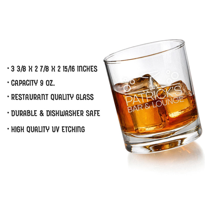 Product information image showing the whiskey glass size, 9 oz capacity, restaurant-quality glass, dishwasher-safe durability, and high-quality UV etching. The tilted glass helps showcase the shape and premium finish of the personalized rocks glass.