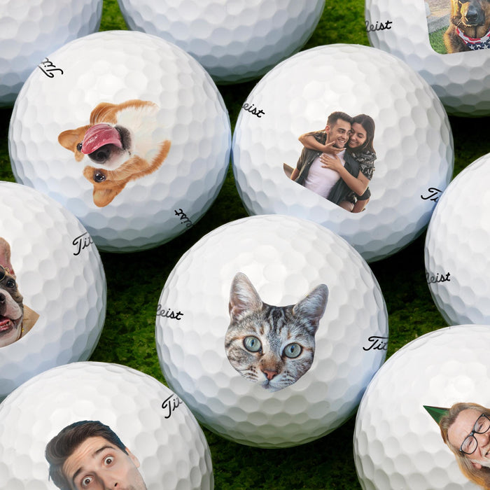 Multiple white custom golf balls are shown printed with various photos.